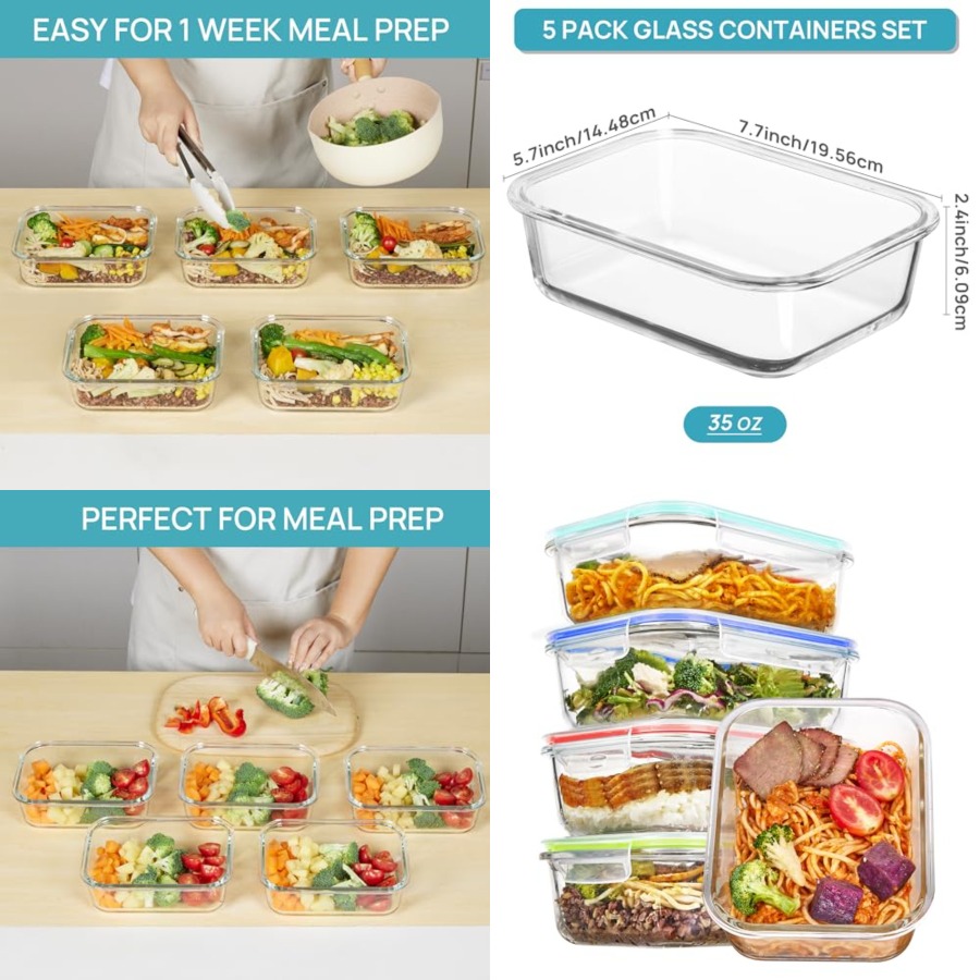 5 Pack Glass Food Storage Cont - Meal Prep Oven Safe Containers recension och pris